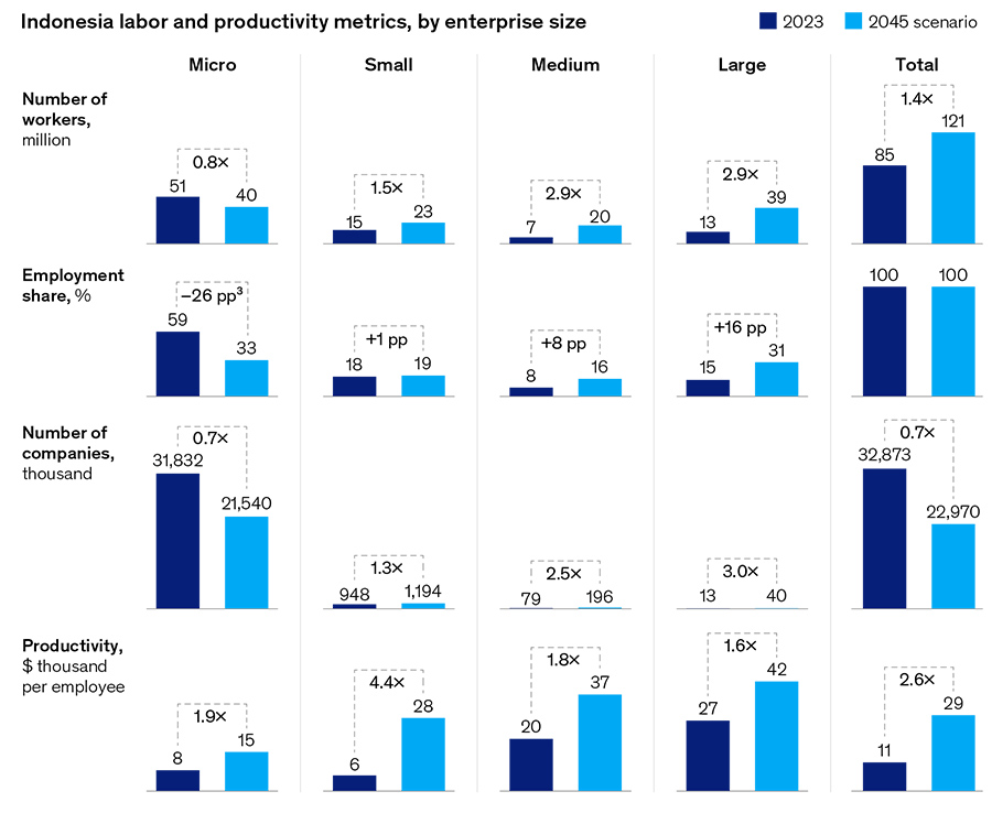 Indonesia labor and productivity metrics, by enterprise size